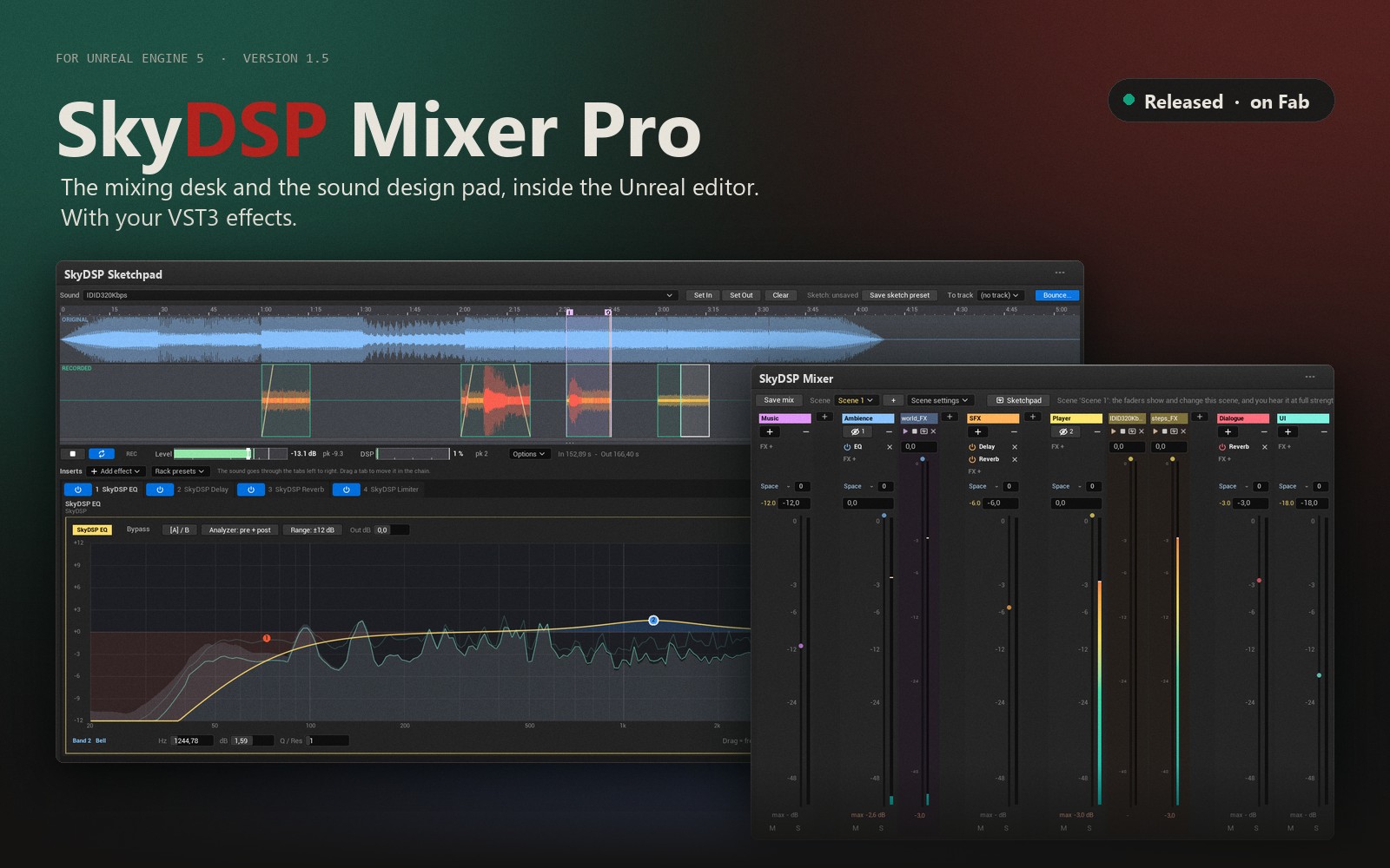 SkyDSP Mixer Pro: the mixing desk and the Sketchpad inside Unreal Engine