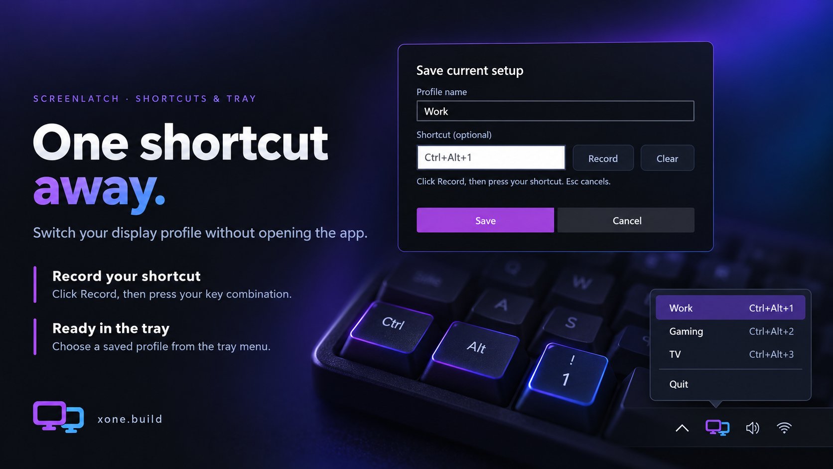 ScreenLatch shortcut recording dialog beside a tray menu of saved display profiles.