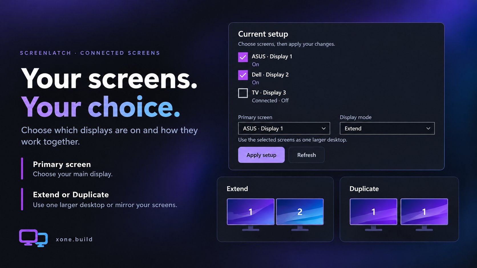 ScreenLatch connected-screen controls showing display selection, primary screen, Extend and Duplicate layouts.