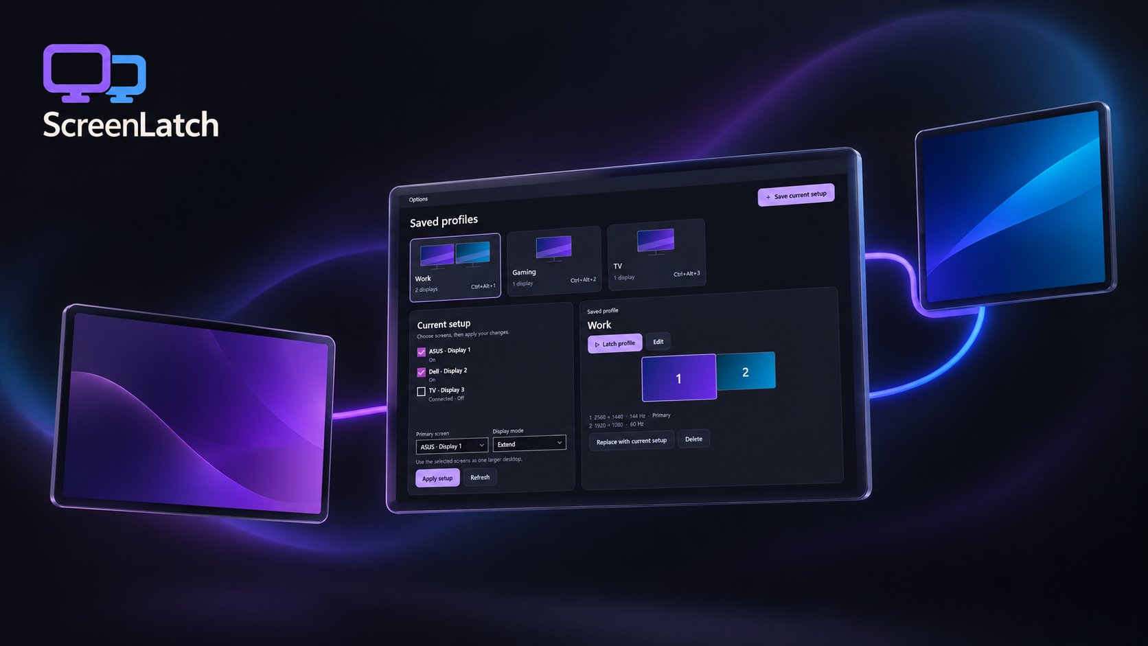 ScreenLatch display-profile window between two illustrated monitors, showing saved Work, Gaming and TV setups.