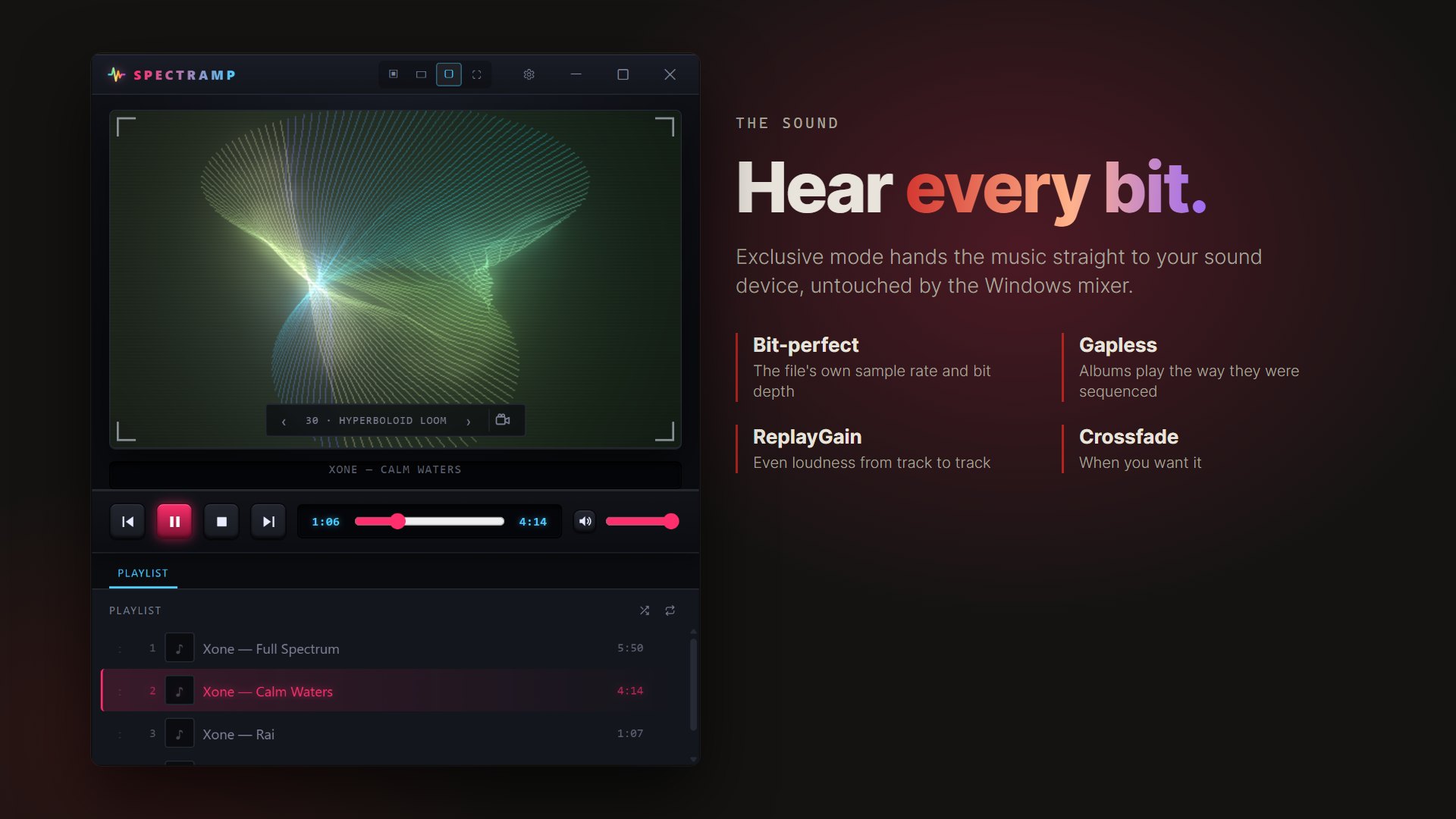 Spectramp with the Hyperboloid Loom visualizer: exclusive mode, gapless, ReplayGain and crossfade
