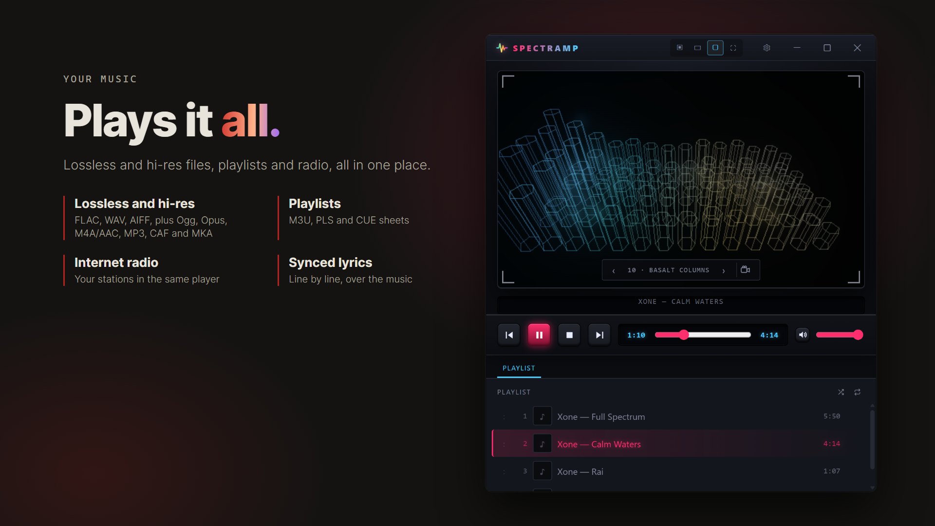 Spectramp with the Basalt Columns visualizer: formats, playlists, radio and lyrics