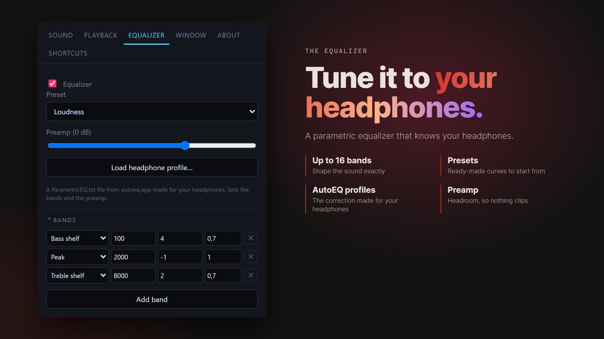 Spectramp's parametric equalizer with AutoEQ headphone profiles