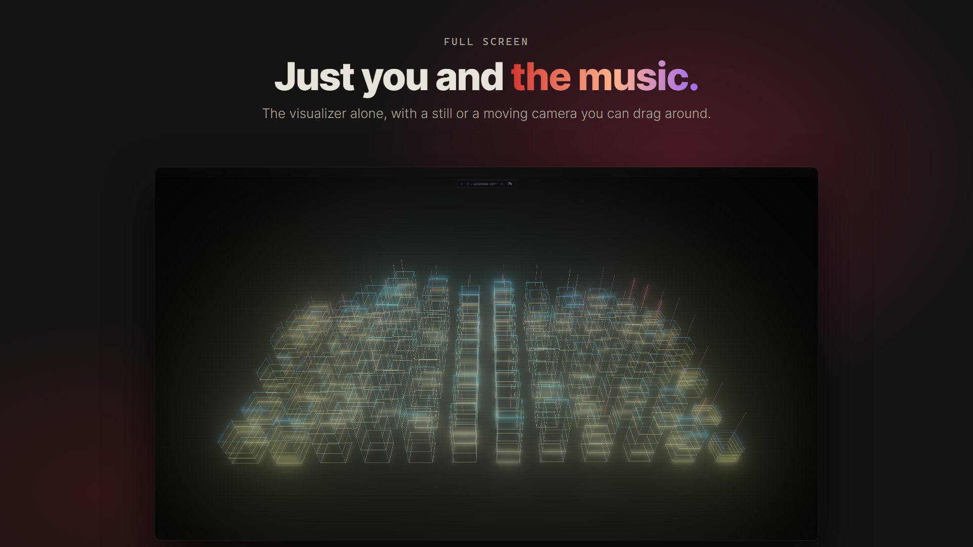 Spectramp in full screen with the Wireframe City visualizer