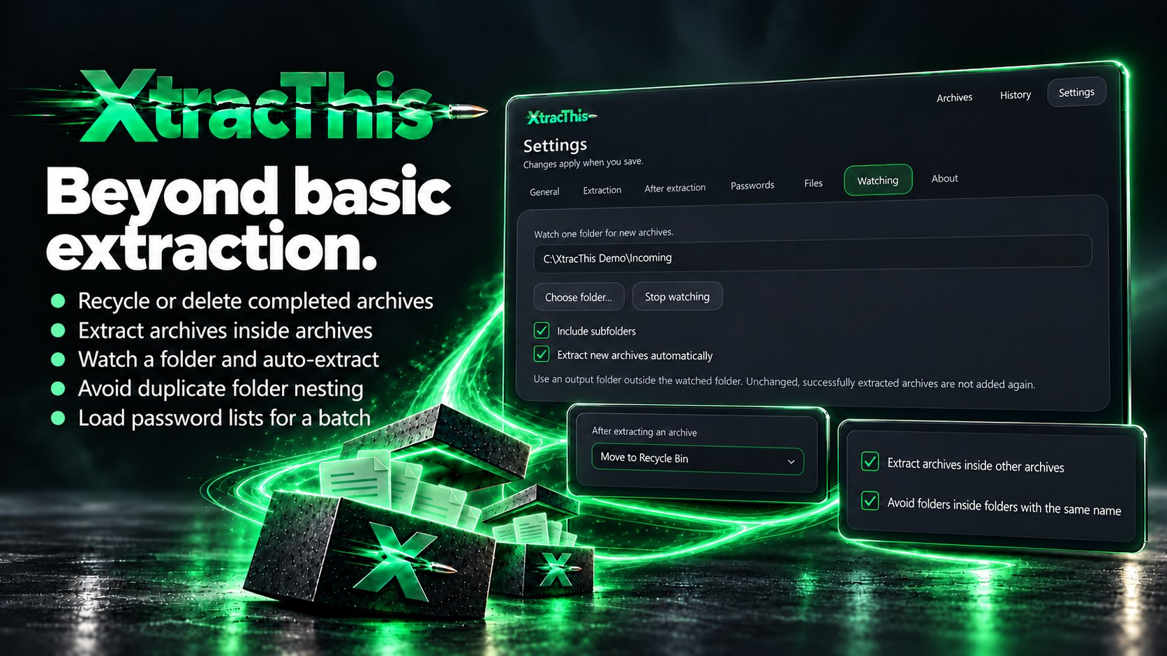 XtracThis Watching settings with separate extraction and cleanup details, and the headline Beyond basic extraction.